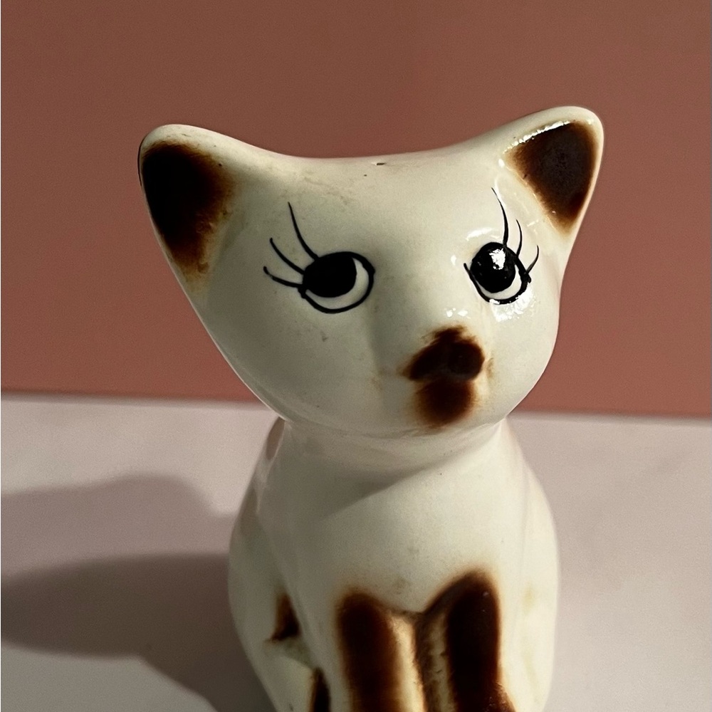 White and Brown Ceramic Cat Figurine - Decorative Pet Accent